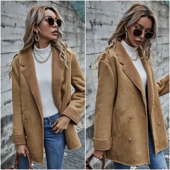 Jackets & Blazers - shearling lined vegan suede trench pea coat camel